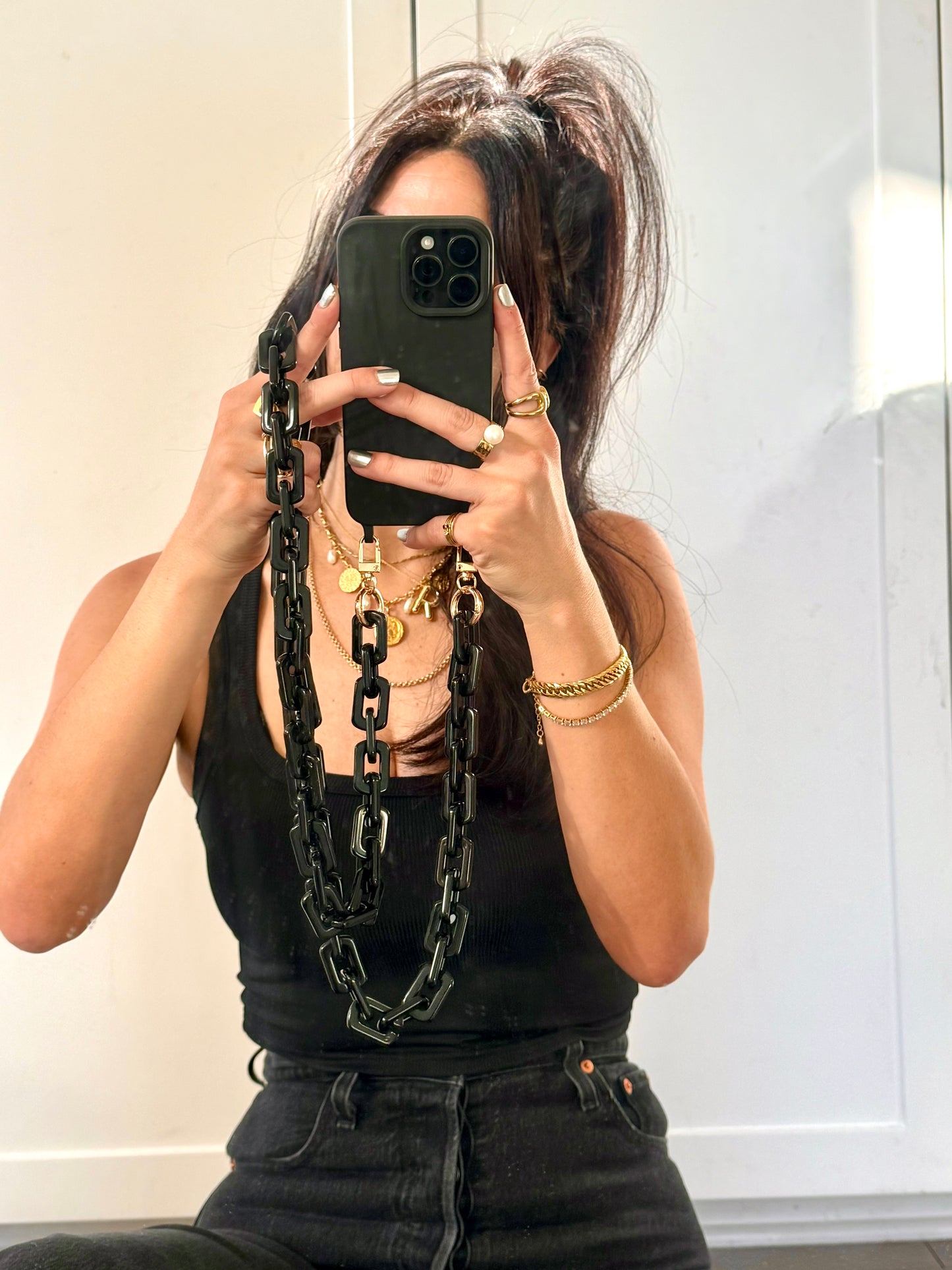 Black Silicon Case with Long Crossbody Chain