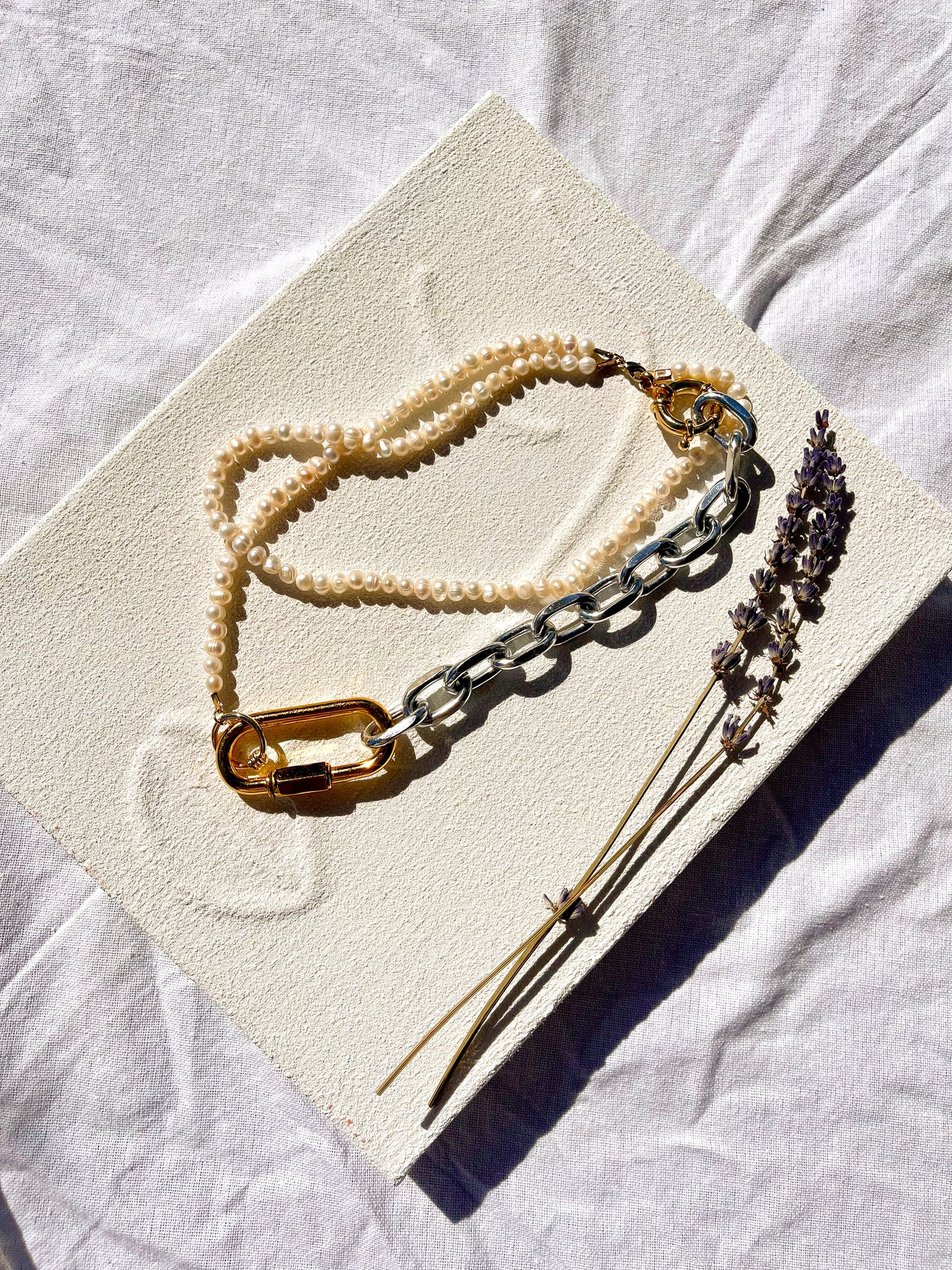 Mixed Metal Pearl Carabiner Necklace