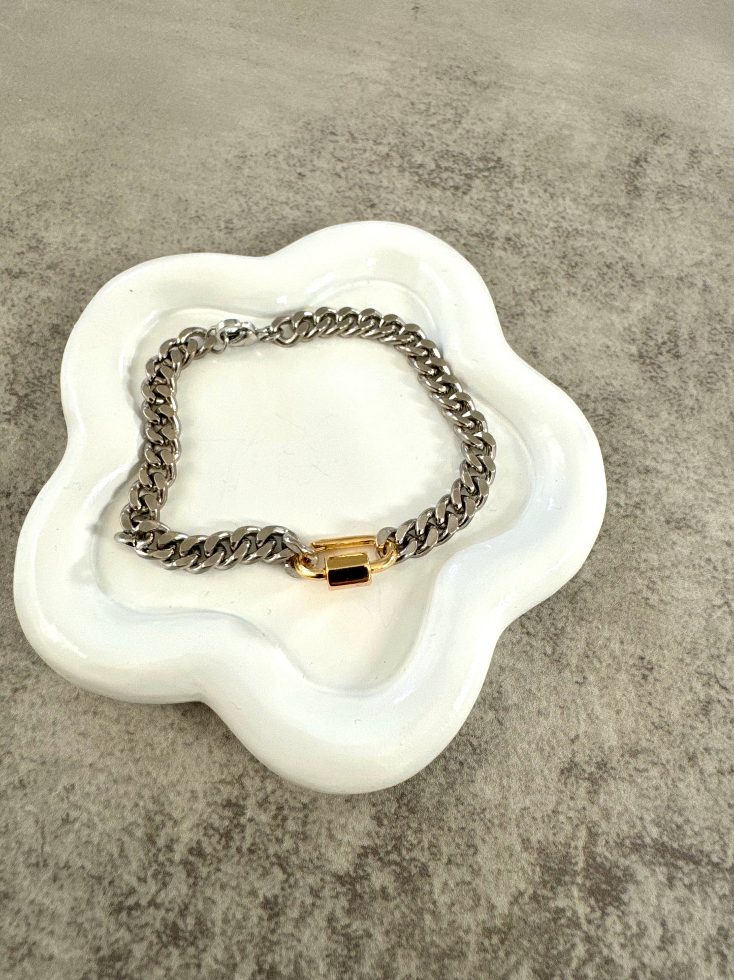 Silver Cuban Link Gold Carabiner Bracelet