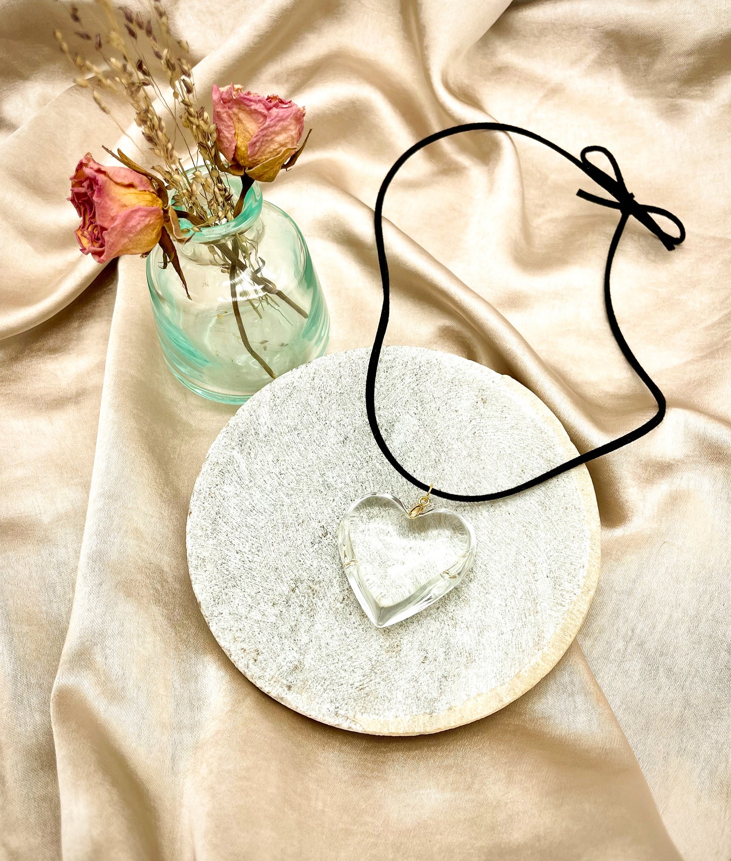 Black Cord Clear Glass Heart Necklace