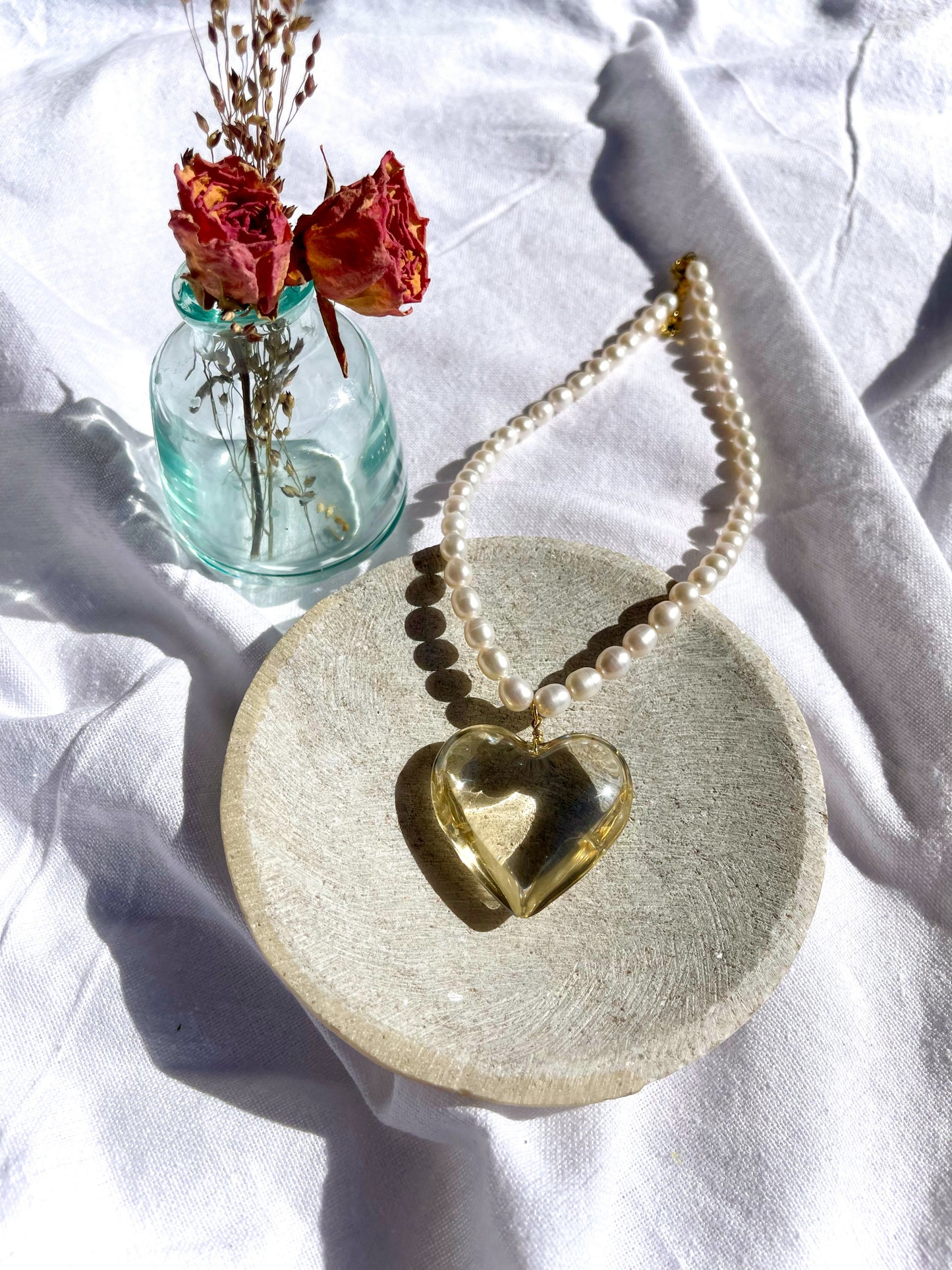 Beige Glass Heart With Pearls